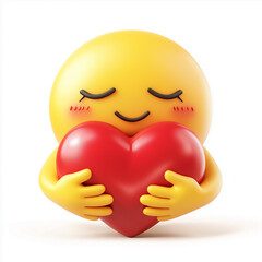 Emoji yellow face emoji with eyes closed holding a red heart with both hands, showing care, support and presence