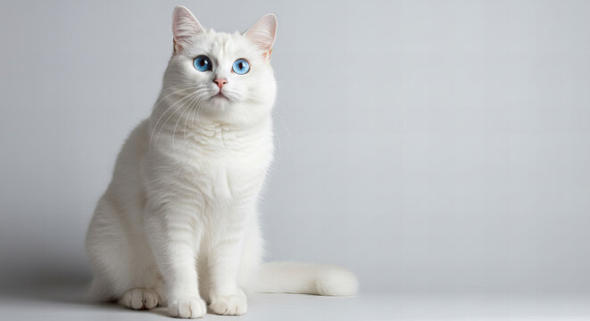 white fluffy kitten with blue eyes on grey background 