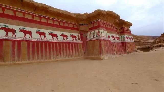 Completed Mastaba Tomb of King Djed at Saqq&acirc;ra, 3100 BCE, Niche-Patterned Red and White Walls with Bull Head Adornments in Egyptian Desert Landscape