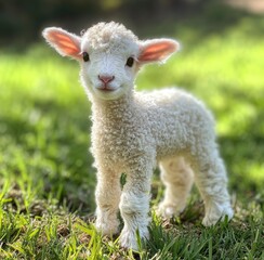 Obraz premium Cute Young Lamb Stands on Green Grass Under Natural Light, Showcasing Its Fluffy White Wool and Playful Demeanor in a Serene Outdoor Setting