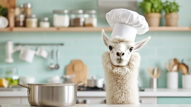 Cute llama wearing chef's hat in modern kitchen setting with cooking pot, playful culinary concept perfect for food and cooking content, horizontal  video
