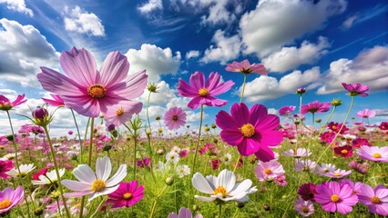 Fototapeta premium A stunning field of cosmos flowers with vibrant purple petals and delicate white centers, set against a bright blue sky with fluffy white clouds , wildflowers, fresh colors