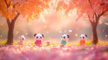 Fototapeta premium Adorable panda figurines and bunny under blossoming cherry trees.