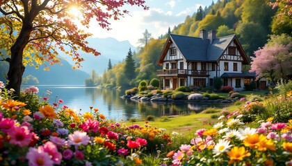 Obraz premium Lakeside Dream Home Colorful Flowers Spring Landscape Scene