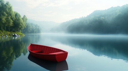 Misty Morning, Red Boat on Calm Lake, Forest