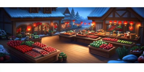 Night market, winter village, food stalls, snow, festive lights. Game asset
