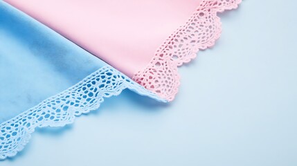 Pastel Blue and Pink Fabric with Delicate Lace Trim