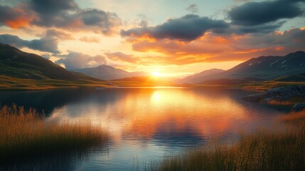 Fototapeta premium Mountain lake sunset reflection, peaceful landscape