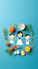 Obraz premium A colorful flat lay featuring cheerful characters and fresh ingredients, emphasizing healthy cooking and family togetherness.