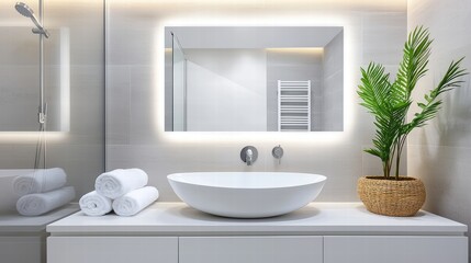Fototapeta premium A clean modern bathroom mirror reflecting a sleek minimalist design.