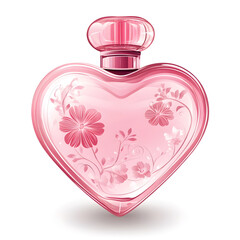 A pink perfume bottle shaped like a heart with a floral design