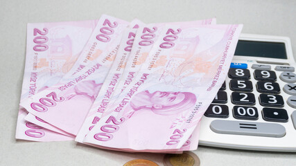 200 Turkish banknotes on a white background (Turkish money, Turkish Lira)