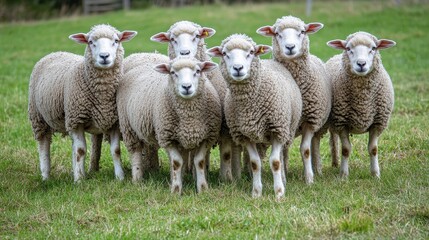 Fototapeta premium Group of Six Sheep Standing Together in a Grassy Pasture on a Cloudy Day in Rural Countryside