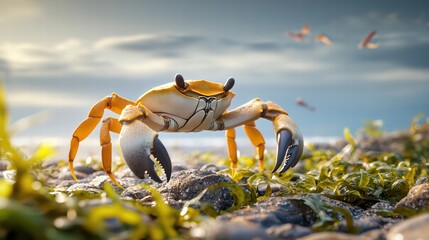 Fototapeta premium A crab walking across a rocky shore, its claws raised, surrounded by seaweed.