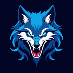 Fototapeta premium Snarling blue wolf head vector logo illustration. Suitable for fierce wildlife or fantasy design projects needing a strong focal point.