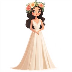 Fototapeta premium A cartoon bride in a vintage wedding dress, with a floral headpiece, on a white background