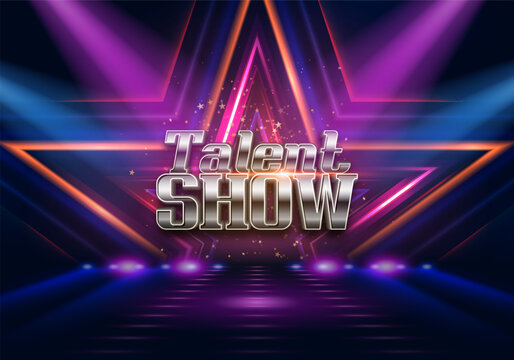 Talent Show sign on shiny scene background illuminated spotlights. Vector illustration.