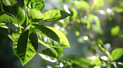Obraz premium A hyper-realistic close-up of fresh green leaves, captured with a shallow depth of field, where the foreground is sharp and vibrant, and the background is softly blurred. The leaves appear glossy