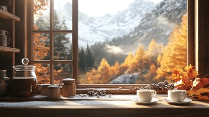 Autumnal mountain cabin view, tea, two mugs