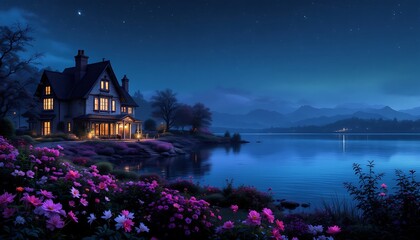 Fototapeta premium Serene Lakeside Victorian House Night Scene Vibrant Flowers Dark Blue Sky