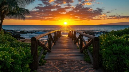 Fototapeta premium Tropical sunset beach boardwalk ocean view