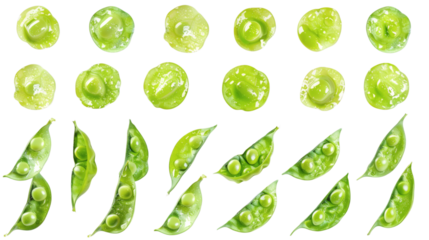 Set of ripe green peas, isolated on white background
