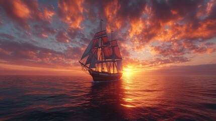 Fototapeta premium Sailing ship sunset ocean fiery sky adventure