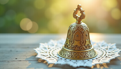 Intricate ornate Easter bell with lace trim placed on a delicate doily under soft morning light
