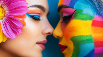 Fototapeta premium Colorful Artistic Makeup with Flower and Rainbow Faces of Two Women Close Together