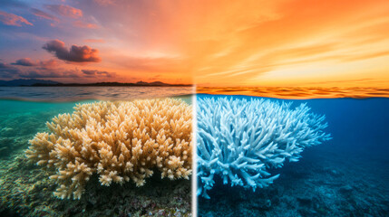 Vibrant Coral Reefs Before and After Coral Bleaching Under Sunset Sky