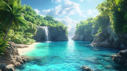 Fototapeta na wymiar Hidden Cove Waterfall Beach Paradise Vacation