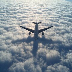 Obraz premium Airplane flying above clouds at sunrise with dramatic shadows