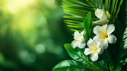 Obraz premium Elegant White Flowers and Lush Green Foliage with Soft Natural Light in Background