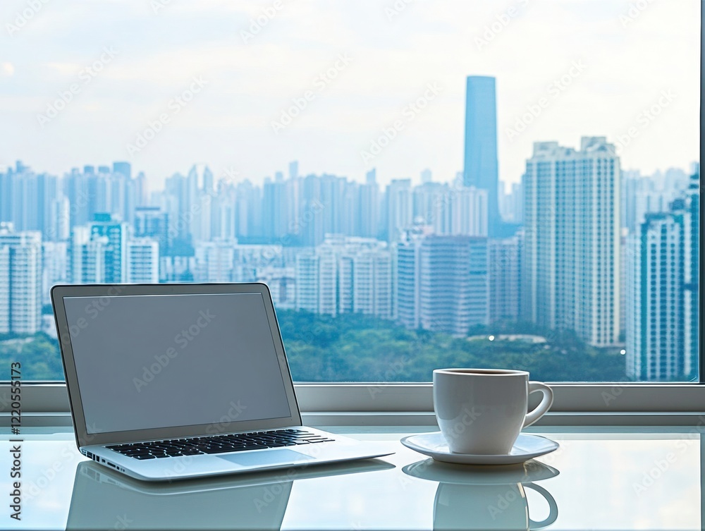 Aufkleber laptop on a desk with a cup next to it in front of the window overlooking the city