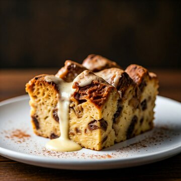 A decadent bread pudding topped with warm vanilla custard and a sprinkle of cinnamon.
