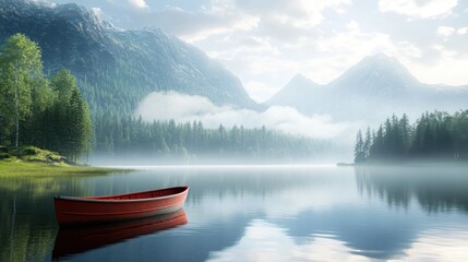 Obraz premium Calm red rowboat on misty mountain lake at sunrise