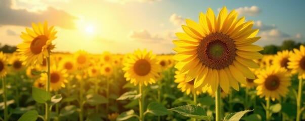 Obraz premium Sun-drenched sunflowers in a vibrant summer field , yellow, light, element