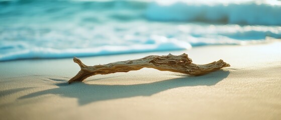 Fototapeta premium A weathered piece of driftwood rests gracefully on a sunlit beach, its unique form casting a delicate shadow on the golden sand.