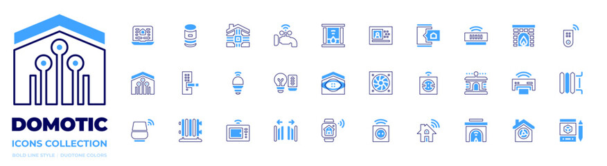 Domotic icon collection. Bold line style. Duotone colors. fan, socket, smartphone, door lock, lightbulb, smart light, smart speaker, electric heater, microwave, gate, smartwatch