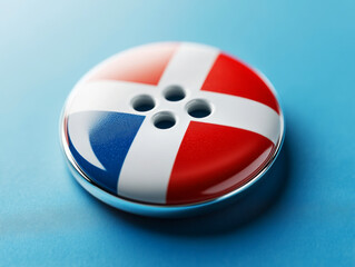 Colorful Round Button with Red and Blue Design on a Smooth Blue Background