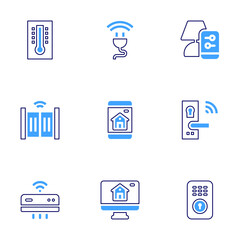 Domotic icon set. Bold line style. Duotone colors. Editable stroke. thermometer, gate, air conditioner, plug, lamp, smart home, lock, smart lock