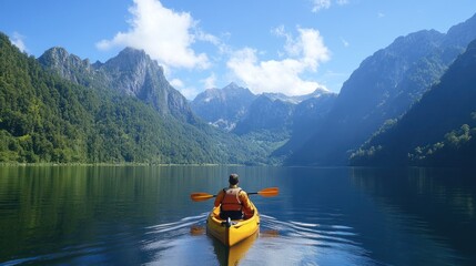 Kayaker paddles serene mountain lake