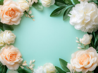 Elegant Floral Frame with Soft Peach and White Roses on Mint Background for Design Projects