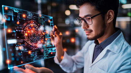 Focused Male Scientist Studying Holographic Data Network in Advanced Laboratory Setting