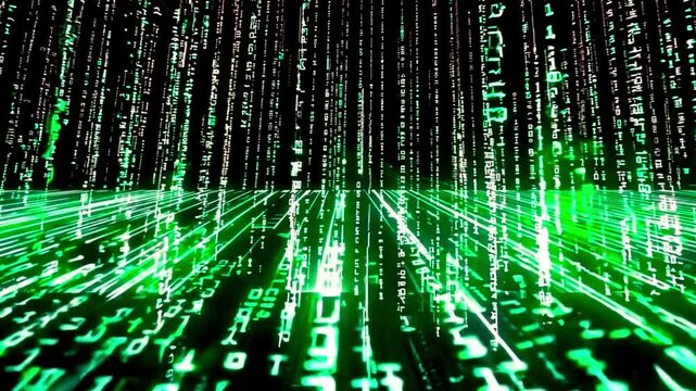 Futuristic technology background. green digital rain on monitor screen close-up. Glowing digits and alphabet of matrix code falling. Cyberspace technology secure. Algorithm binary, data code, decrypti