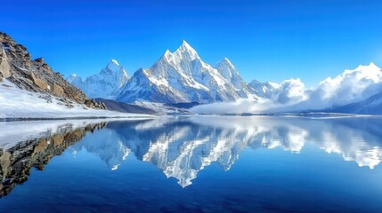 Fototapeta premium A serene mountain lake reflecting snow-capped peaks and a clear blue sky