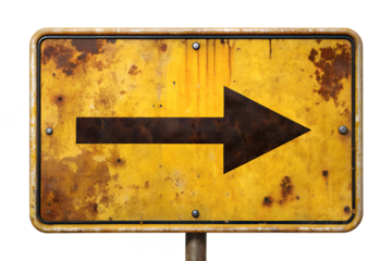 Rusty yellow road sign arrow pointing right isolated on transparent or white background, png