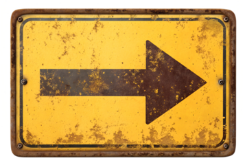 Rusty yellow road sign arrow pointing right isolated on transparent or white background, png