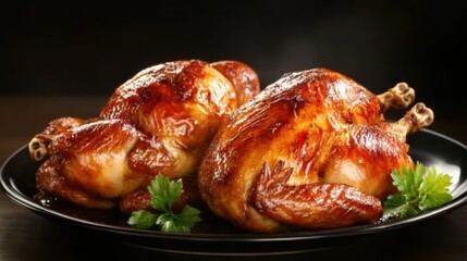 Fototapeta premium A traditional roasted chicken served on a platter with golden-brown skin.
