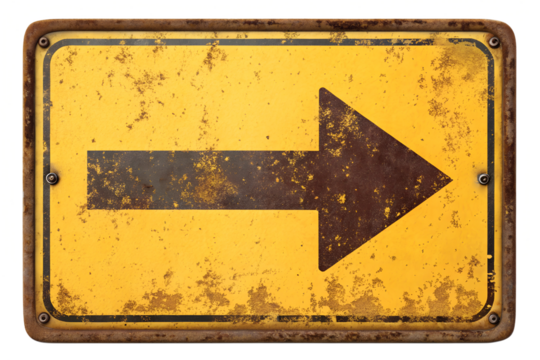 Rusty yellow road sign arrow pointing right isolated on transparent or white background, png